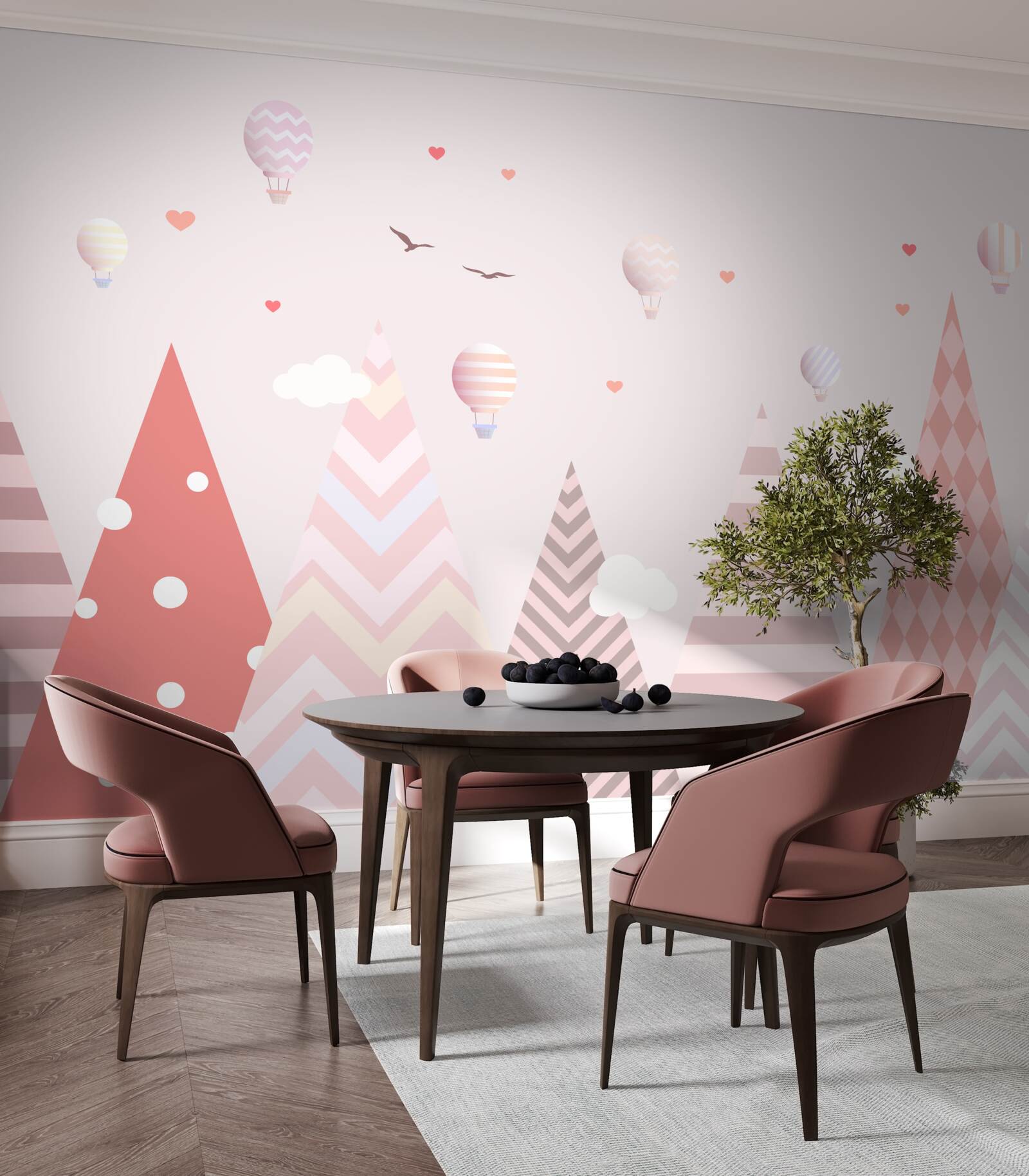Fototapet munți roz decorați cu baloane