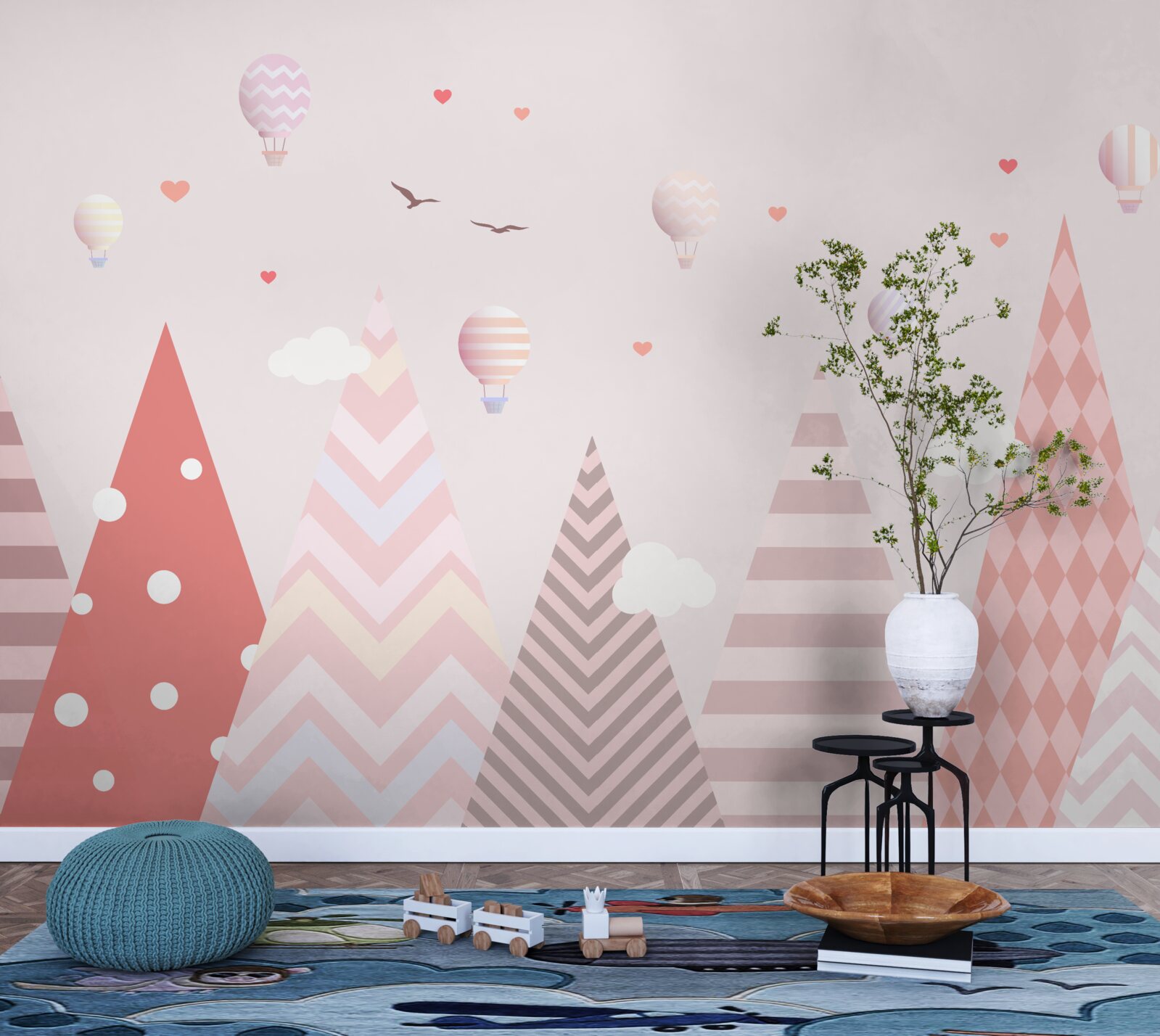 Fototapet munți roz decorați cu baloane