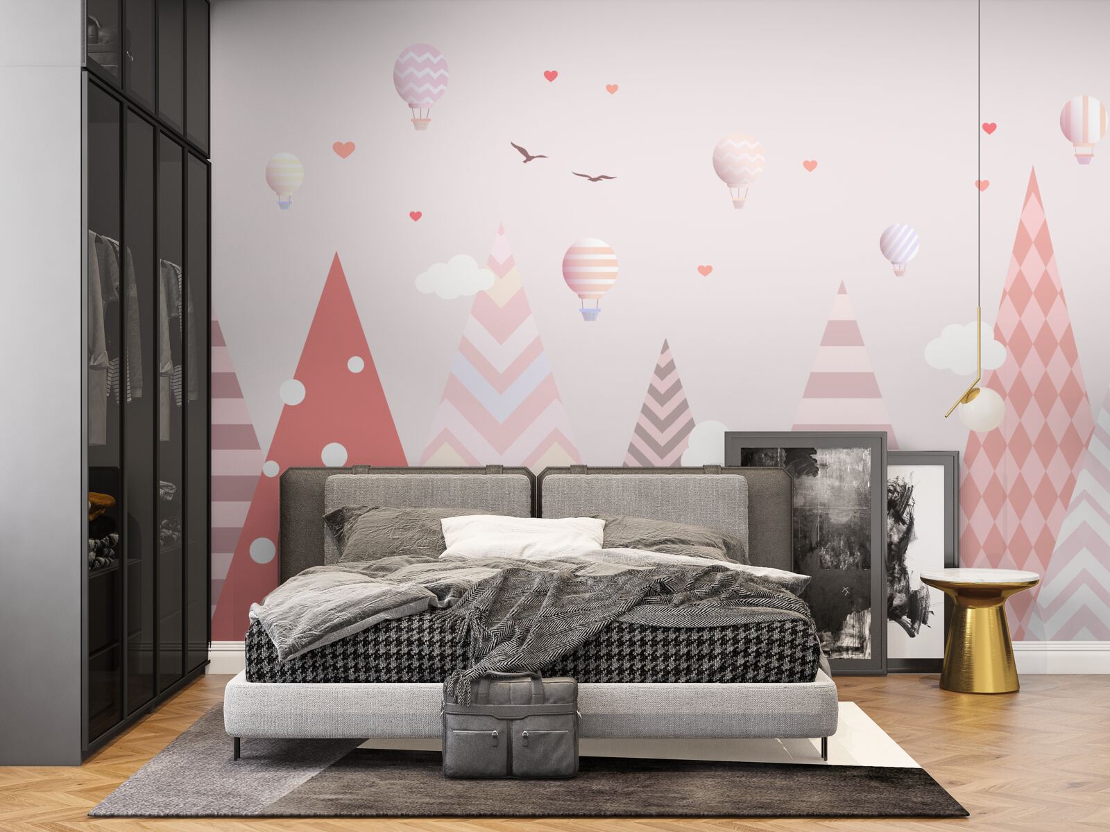 Fototapet munți roz decorați cu baloane