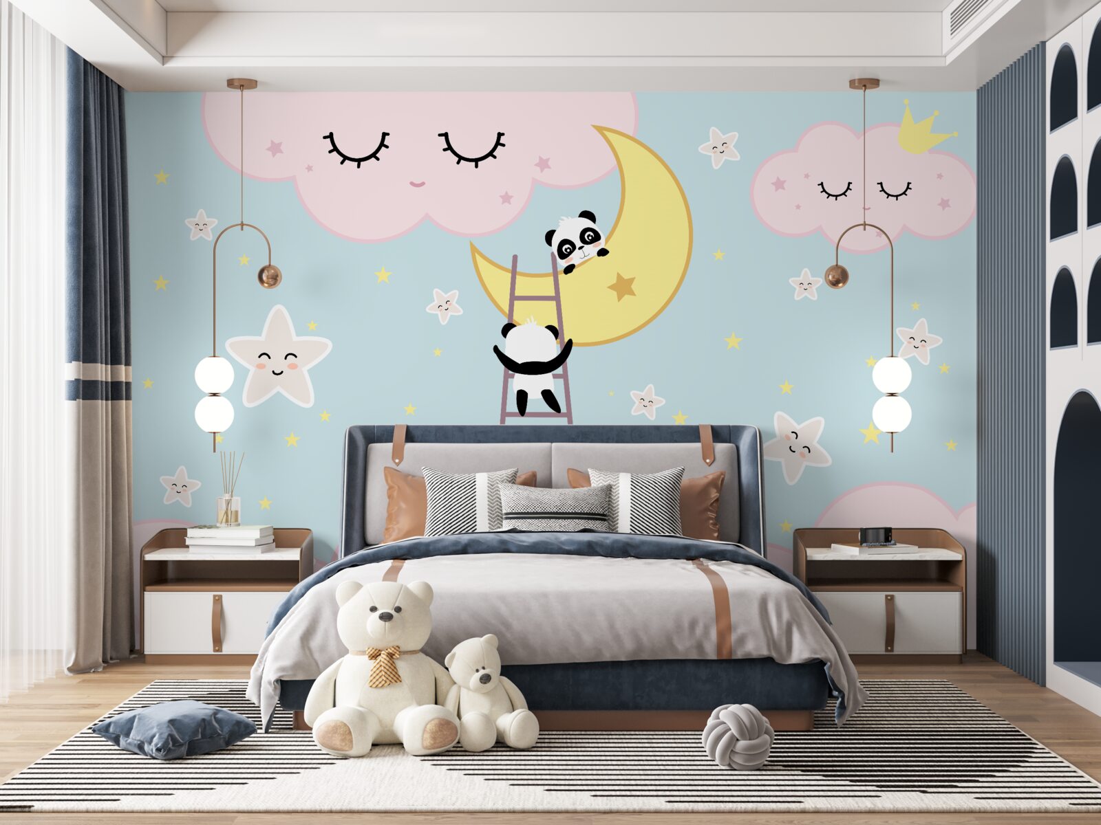 Fototapet panda urcă o scară până la lună