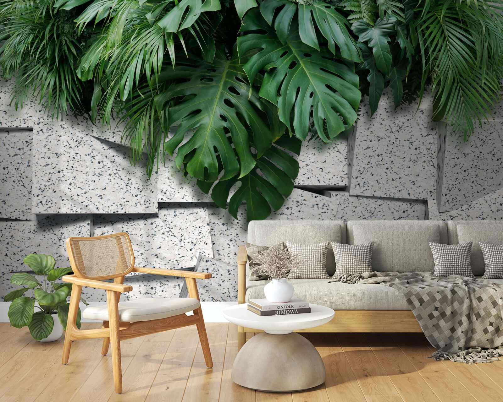 Fototapet monstera într-o atmosferă tropicală pe un fundal gri