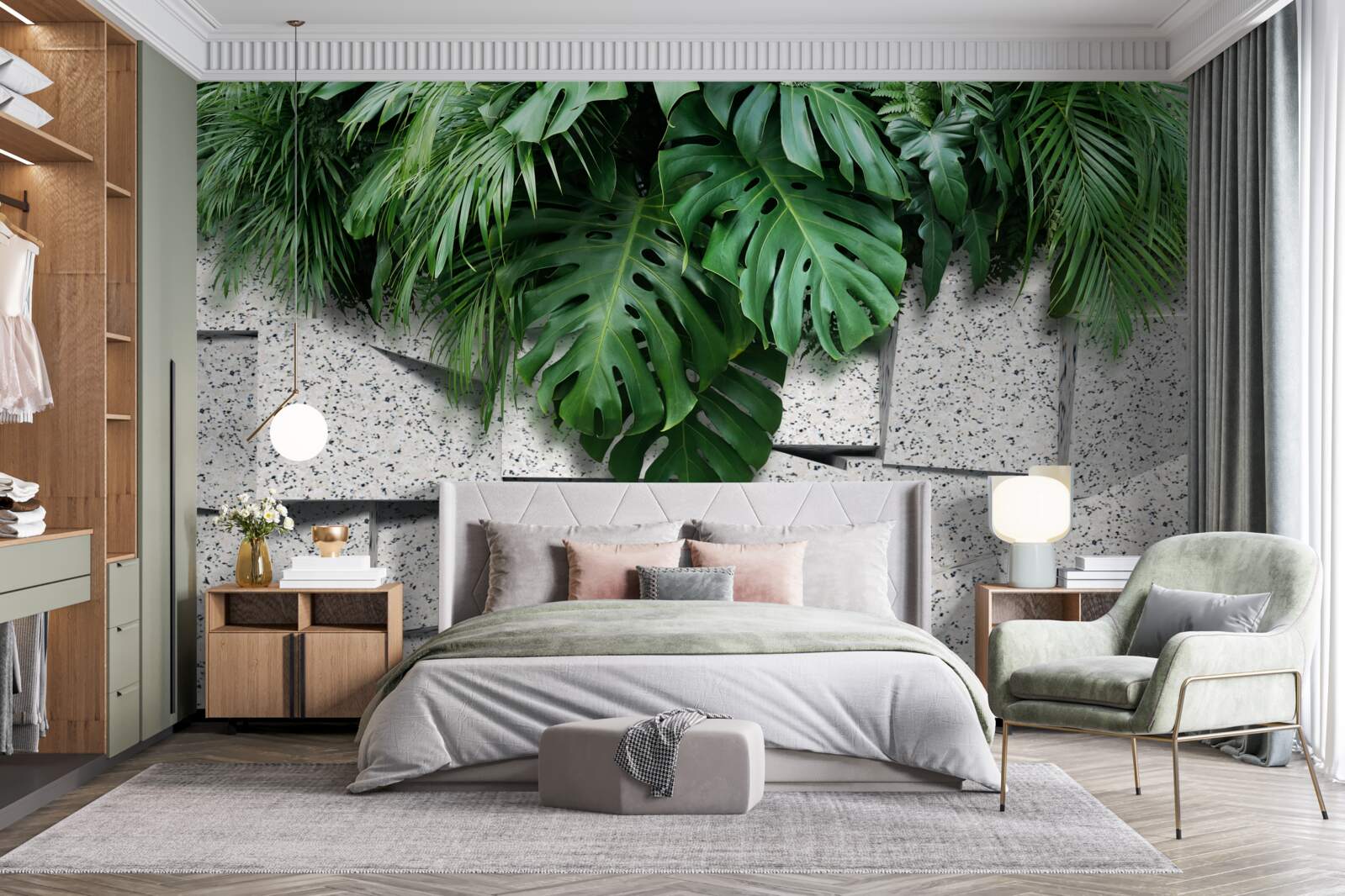 Fototapet monstera într-o atmosferă tropicală pe un fundal gri