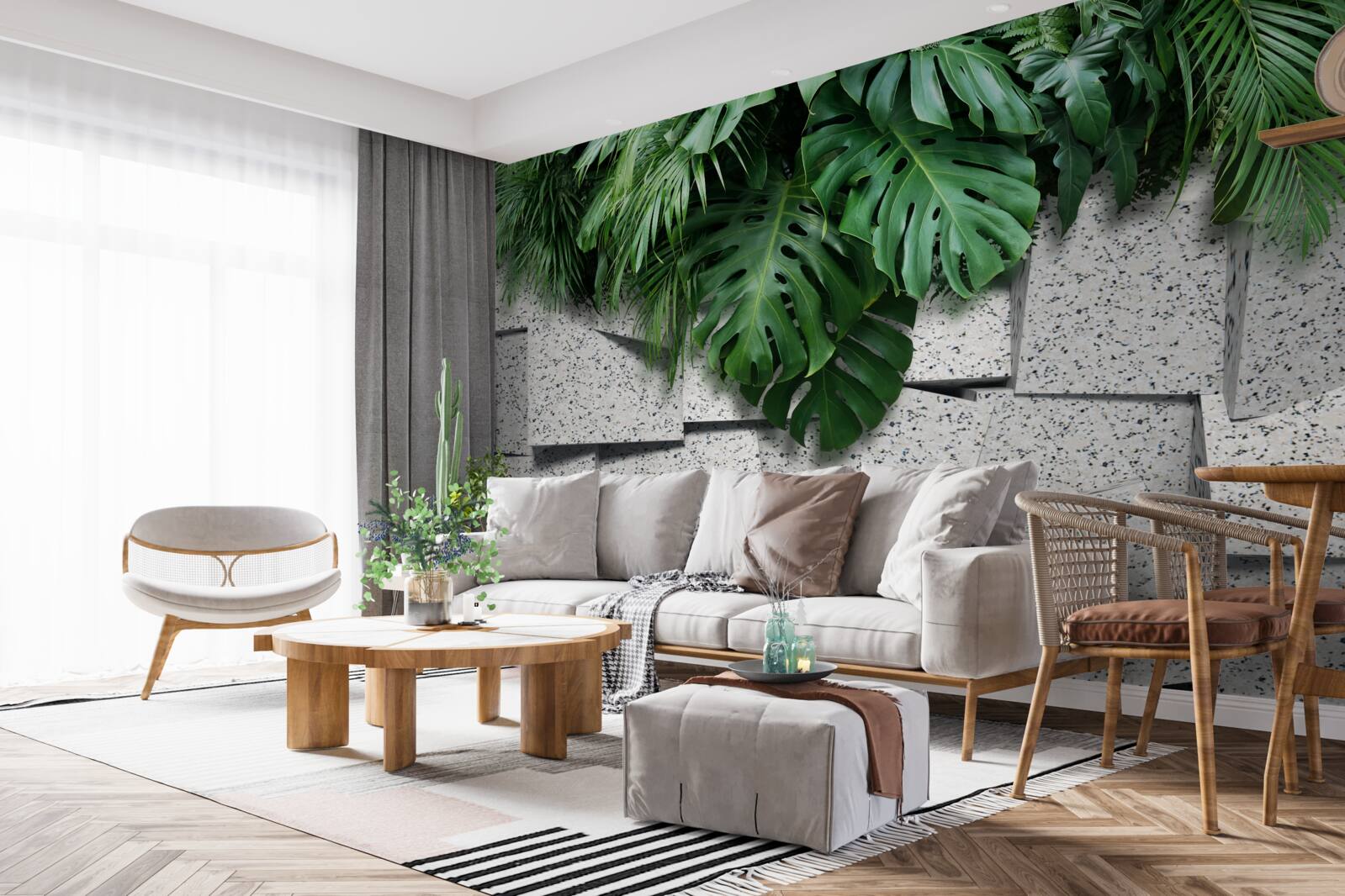 Fototapet monstera într-o atmosferă tropicală pe un fundal gri