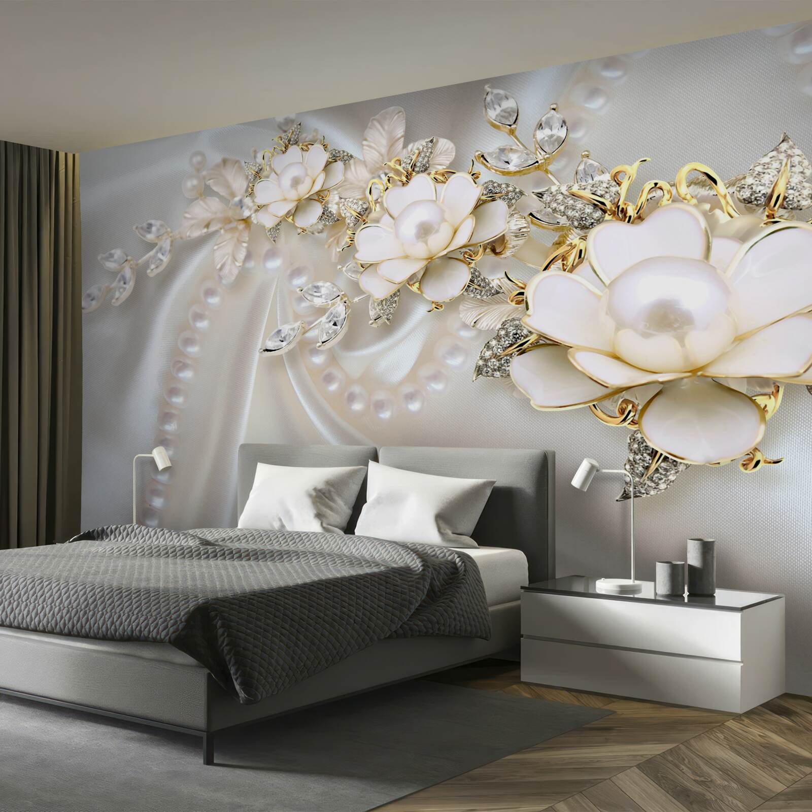 Fototapet perlele pe mătase sunt decorate cu trandafiri