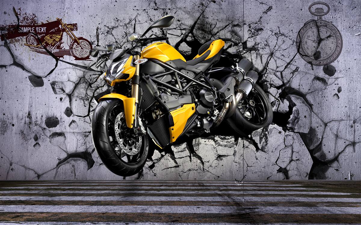 Fototapet Motocicletă galbenă pe un fundal de graffiti