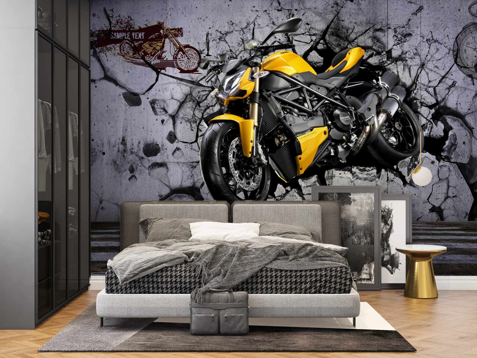Fototapet Motocicletă galbenă pe un fundal de graffiti