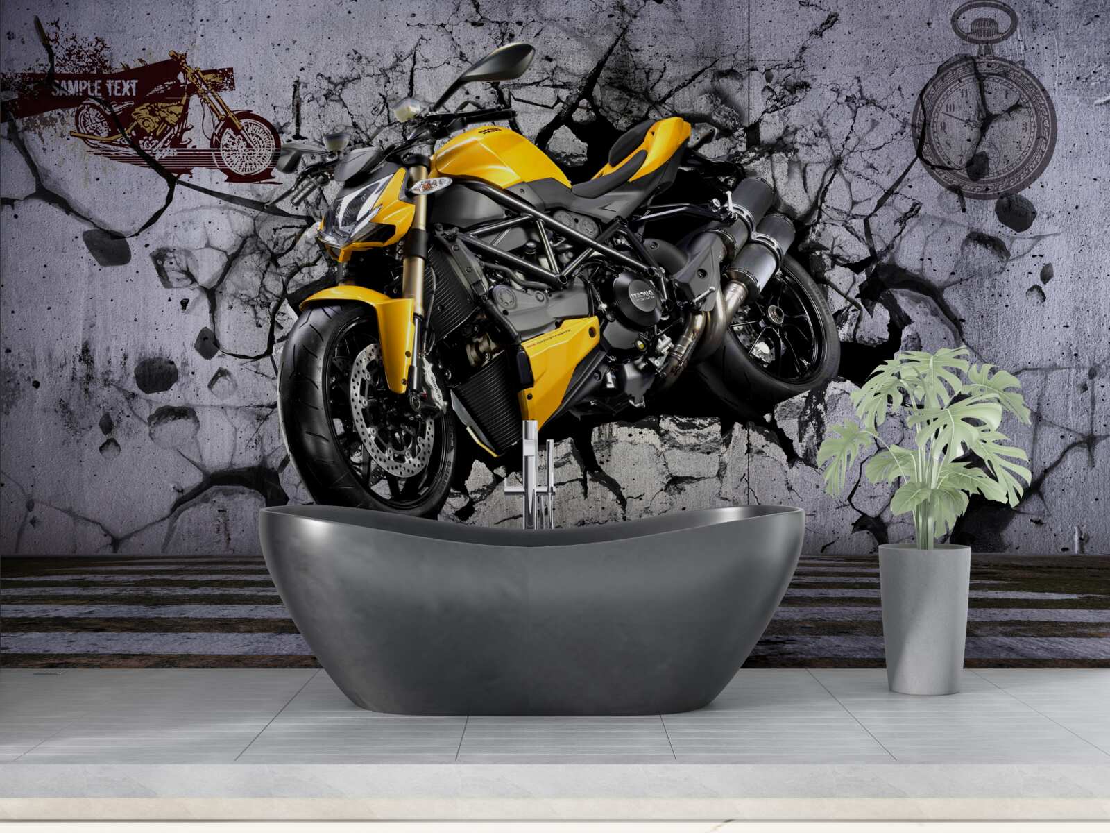 Fototapet Motocicletă galbenă pe un fundal de graffiti