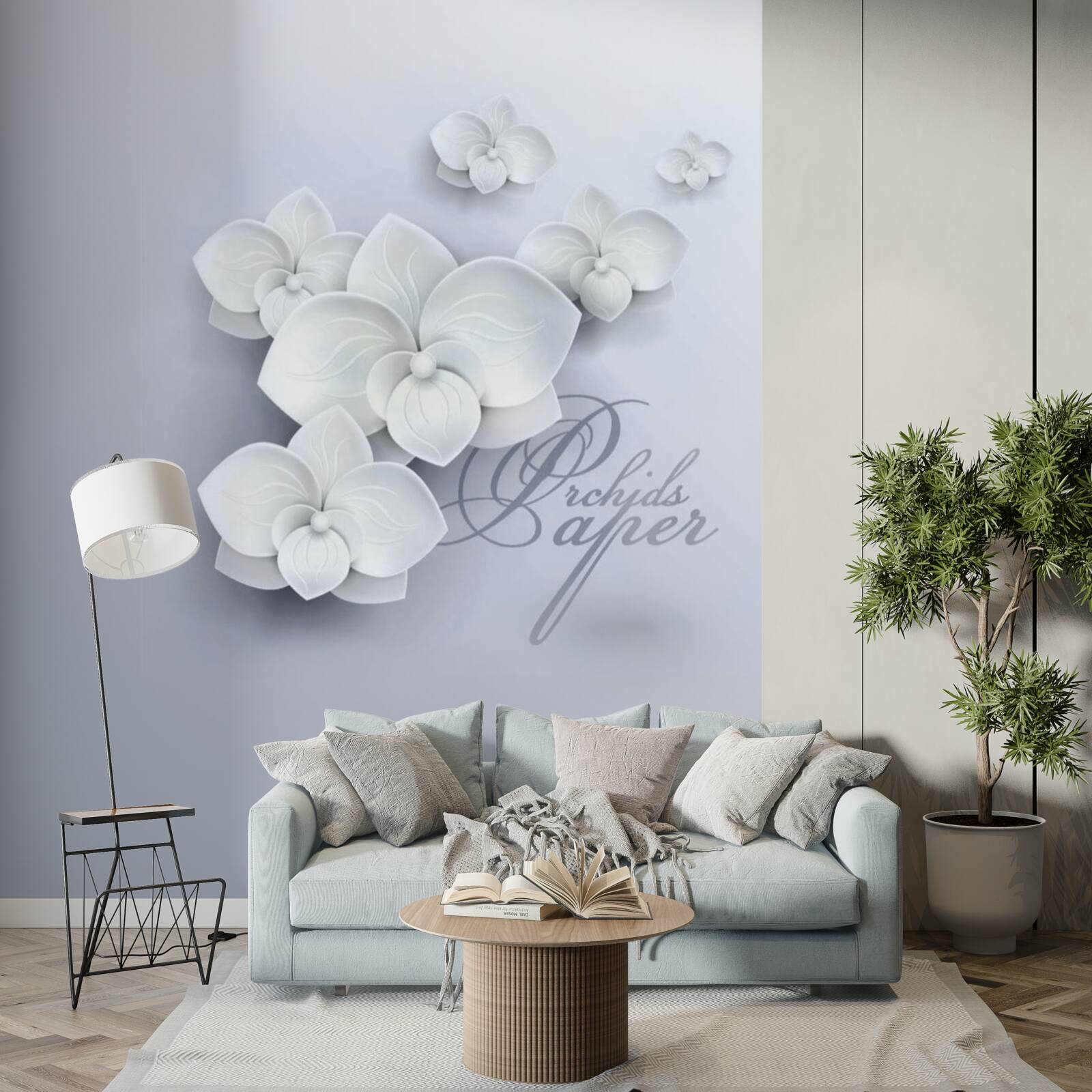 Fototapet fundal gri decorat cu orhidee albe