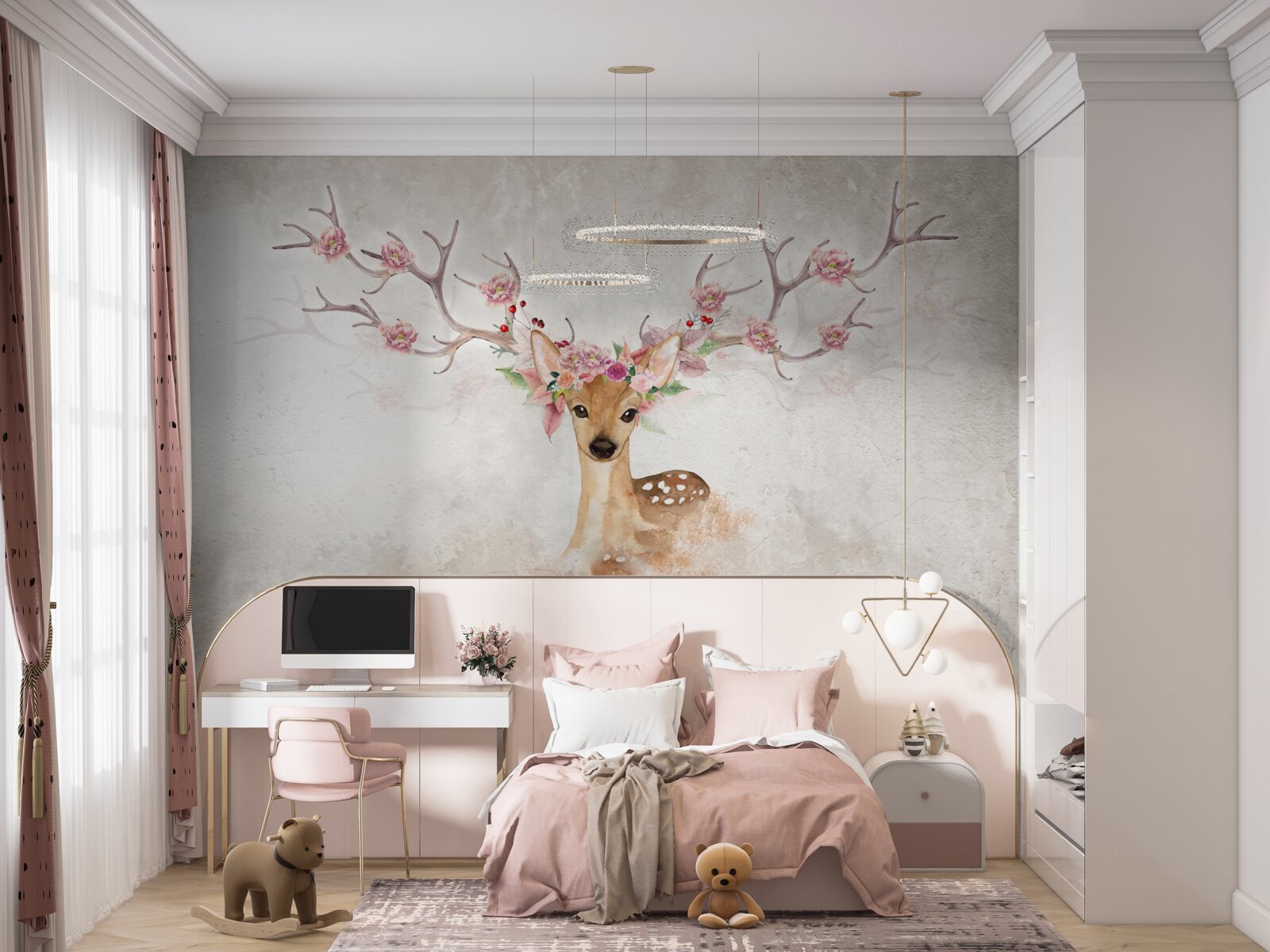 Fototapet căprioară drăguță cu decorațiuni florale pe coarne