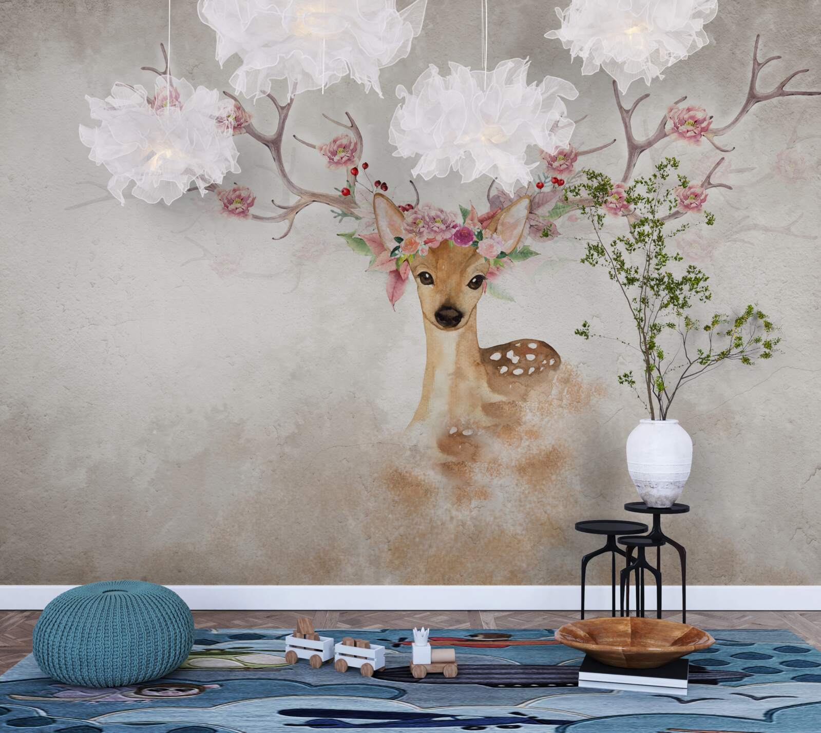 Fototapet căprioară drăguță cu decorațiuni florale pe coarne