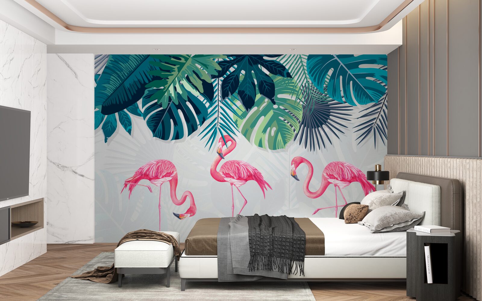 Fototapet vegetație tropicală și păsări flamingo roz