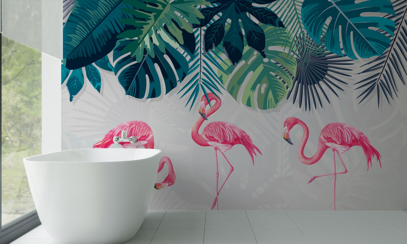 Fototapet vegetație tropicală și păsări flamingo roz
