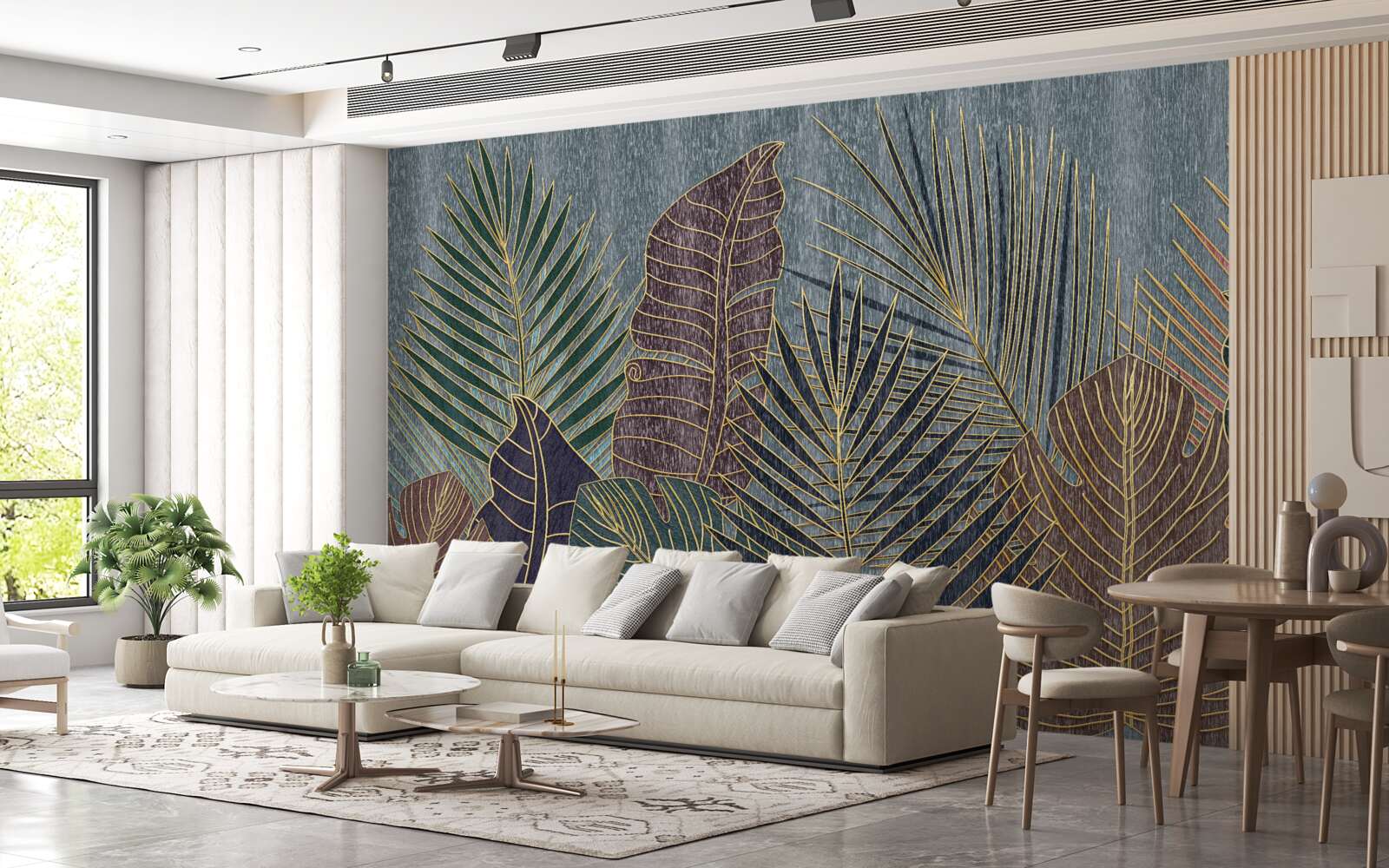 Fototapet apus de soare într-o pădure tropicală învăluită în abstracție