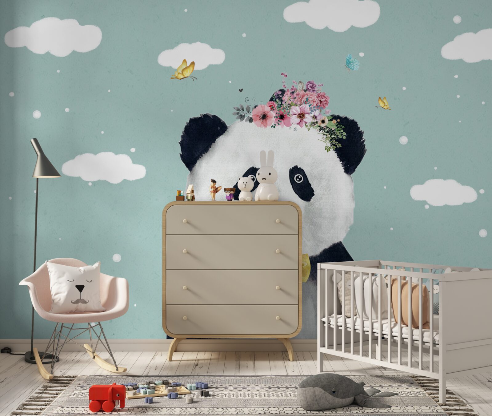 Fototapet norii au devenit fundalul pentru un panda cu flori