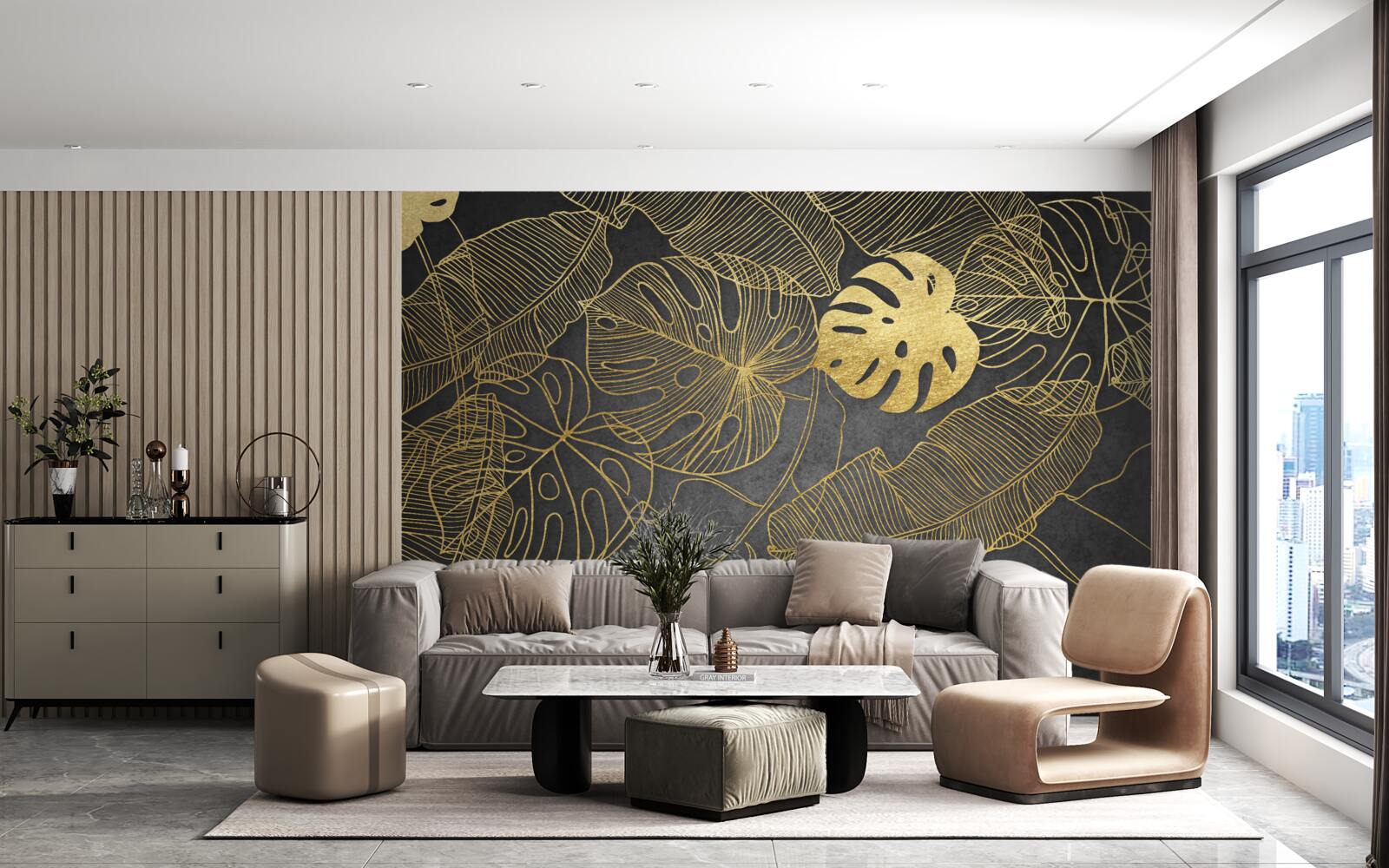 Fototapet frunze de monstera de aur