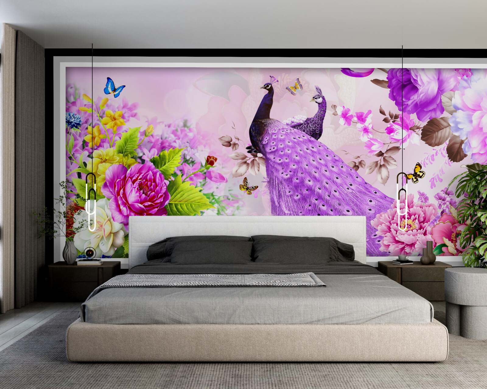 Fototapet printre flori sunt doi păuni mov