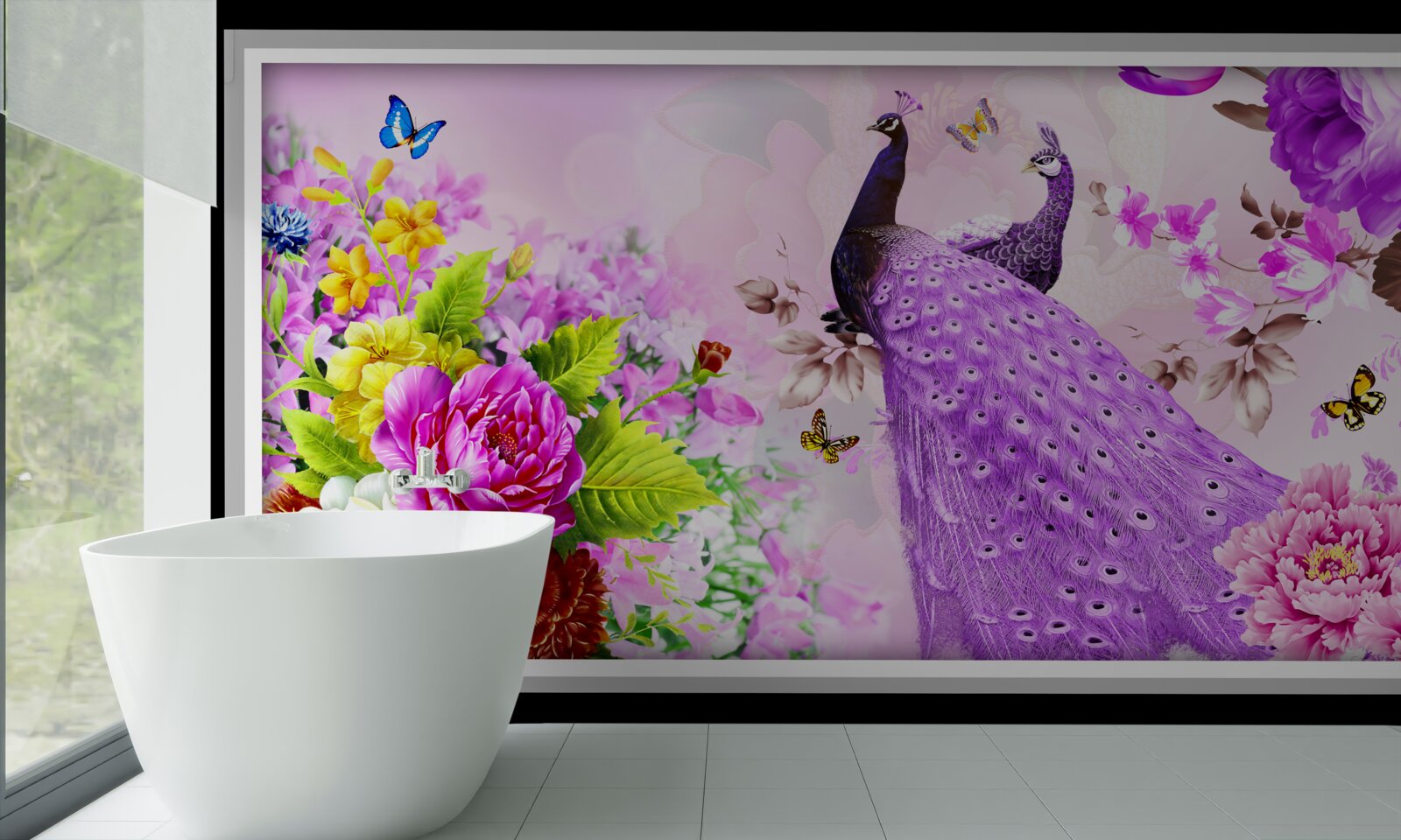 Fototapet printre flori sunt doi păuni mov