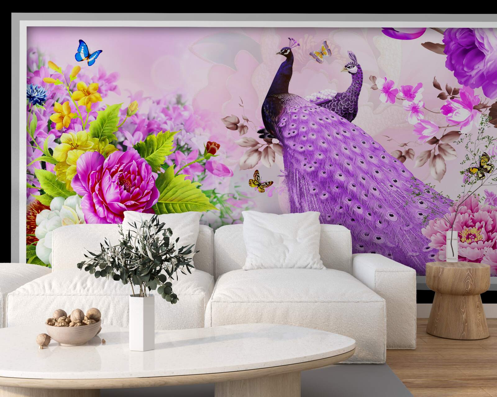 Fototapet printre flori sunt doi păuni mov