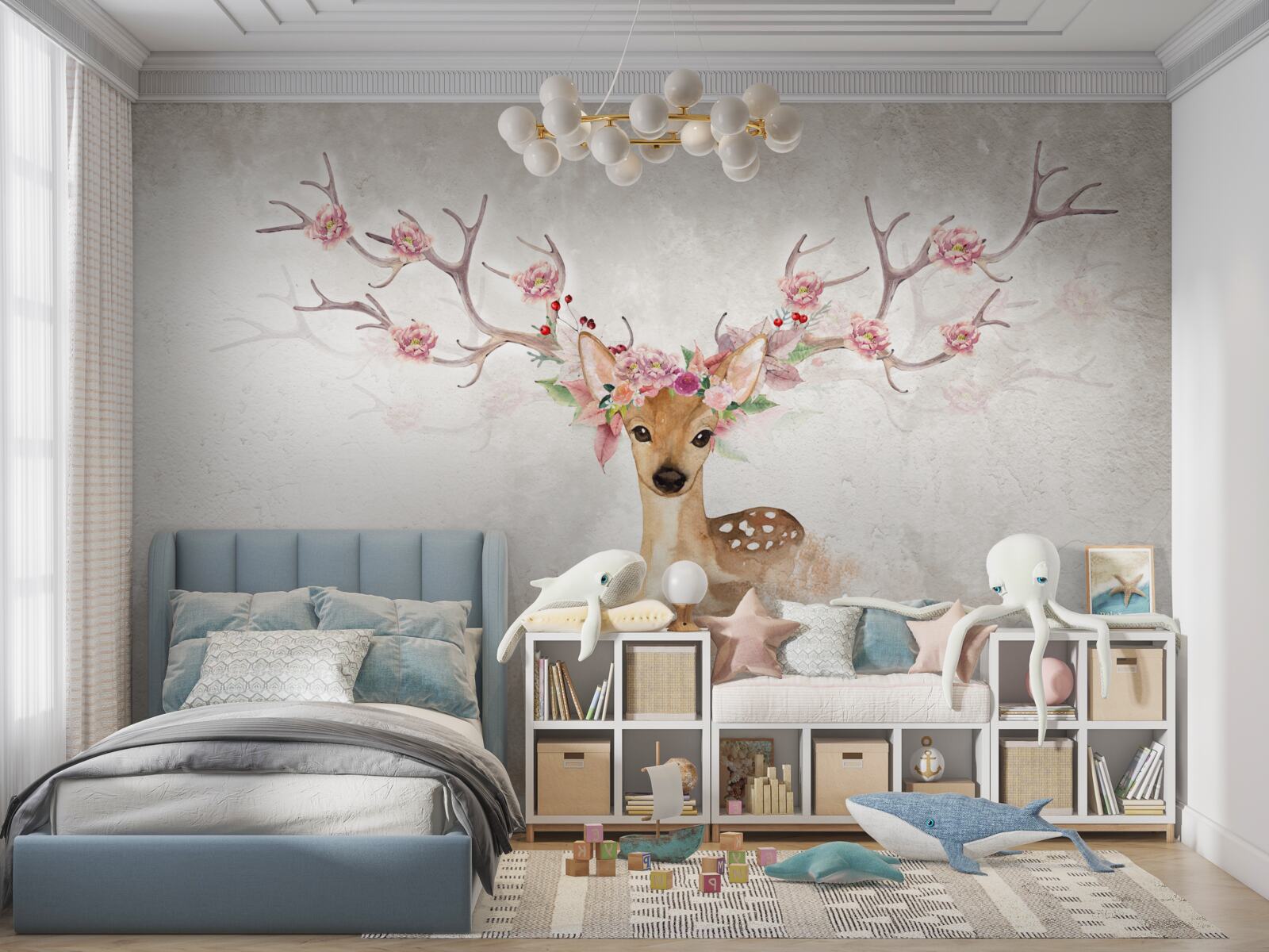 Fototapet pictura înfățișează un cerb cu decorațiuni florale pe coarne