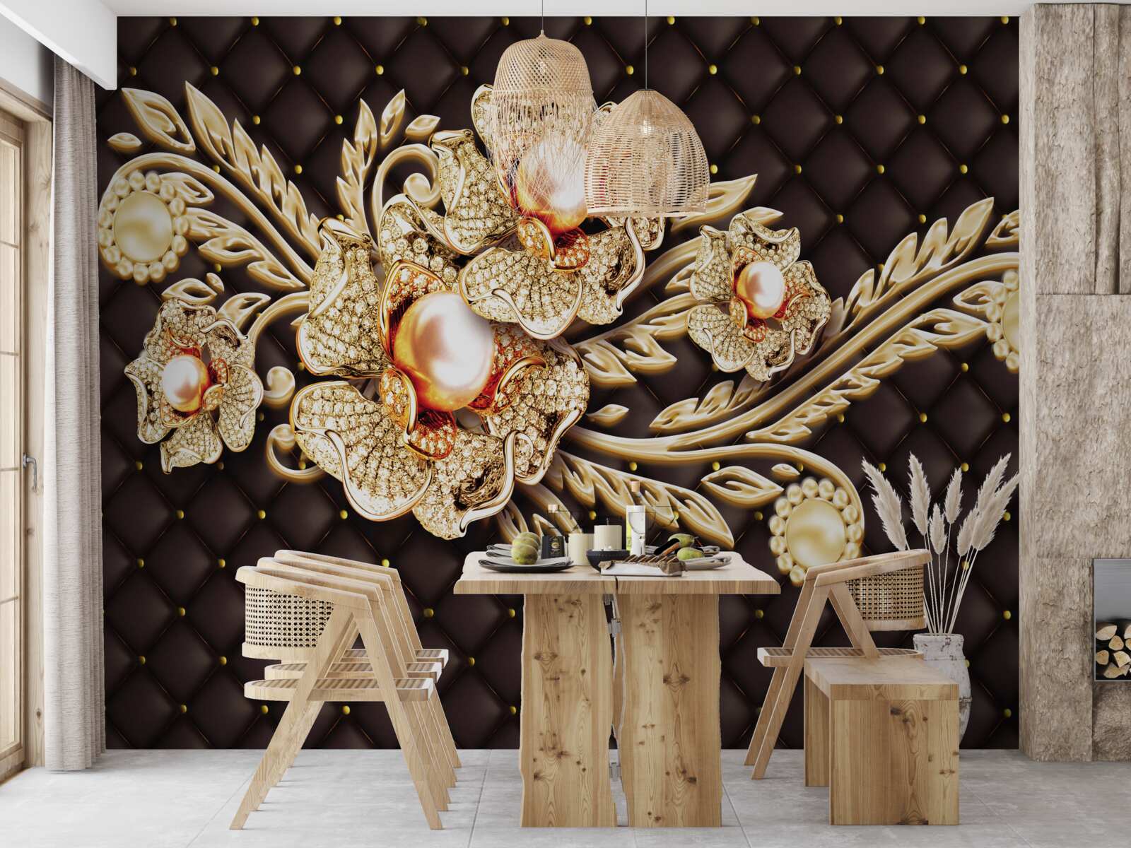 Fototapet flori de aur decorate cu pietre prețioase