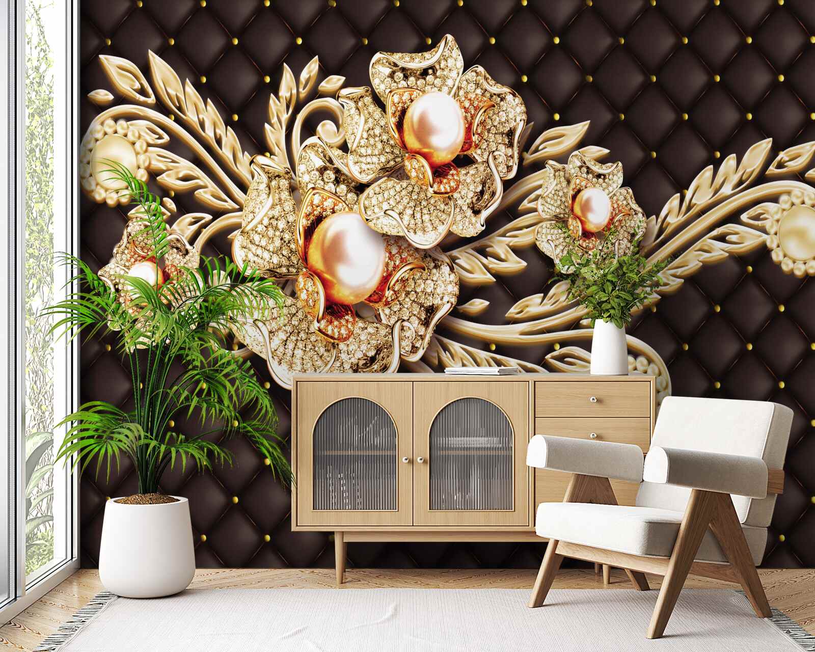 Fototapet flori de aur decorate cu pietre prețioase