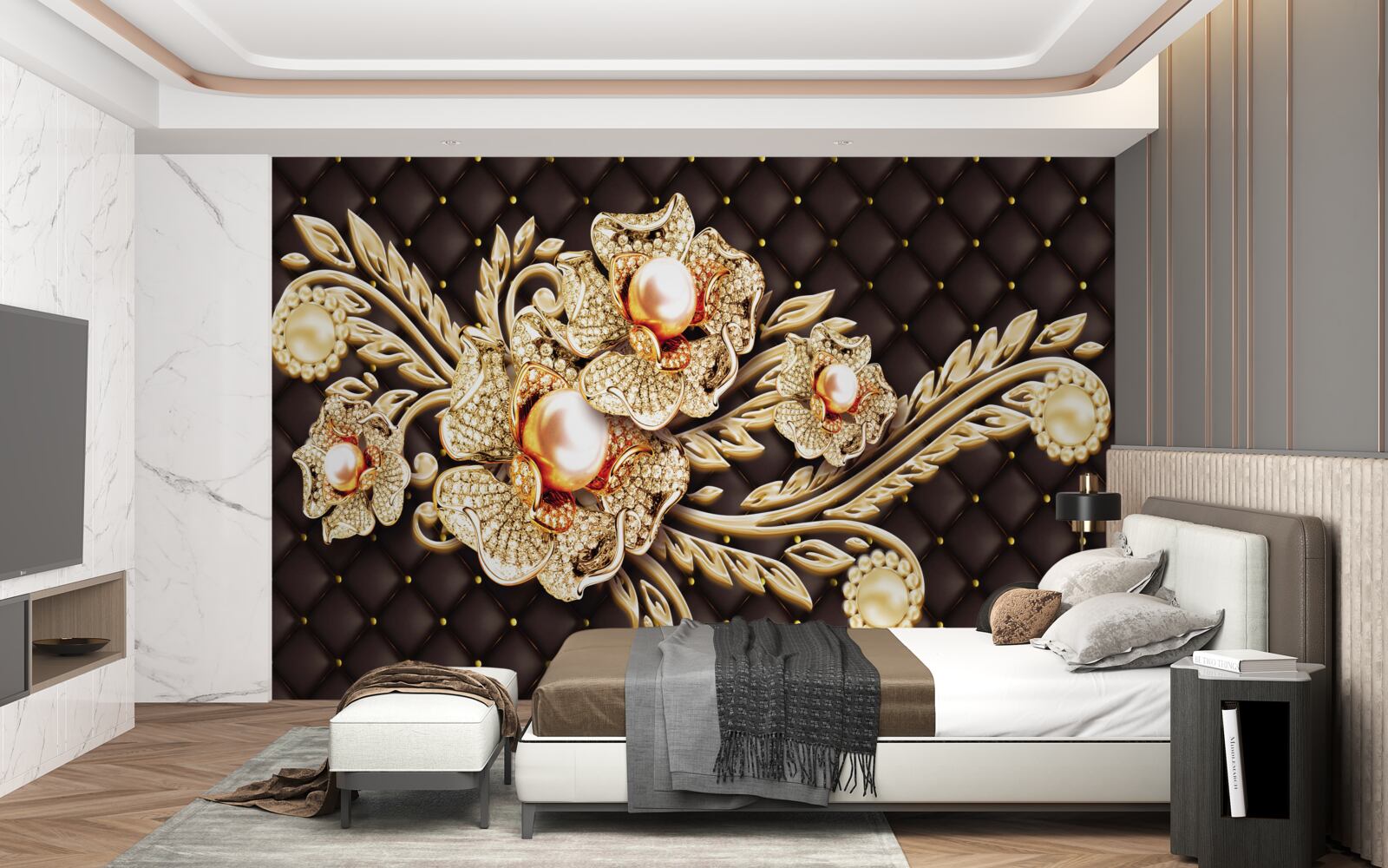Fototapet flori de aur decorate cu pietre prețioase