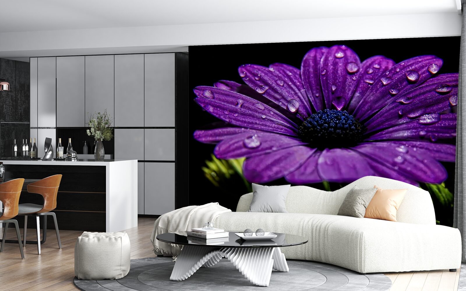 Fototapet picături de apă pe o floare gerbera mov