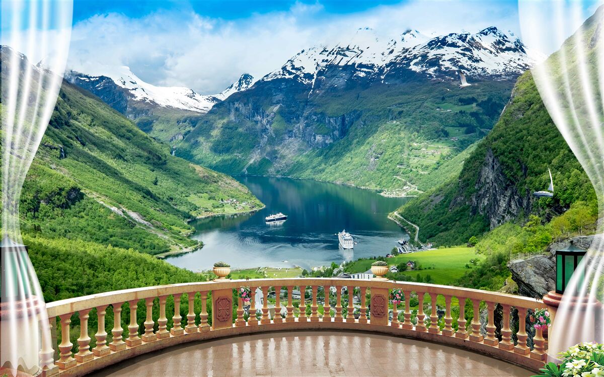 Fototapet terasă cu vedere panoramică la pârâul de munte