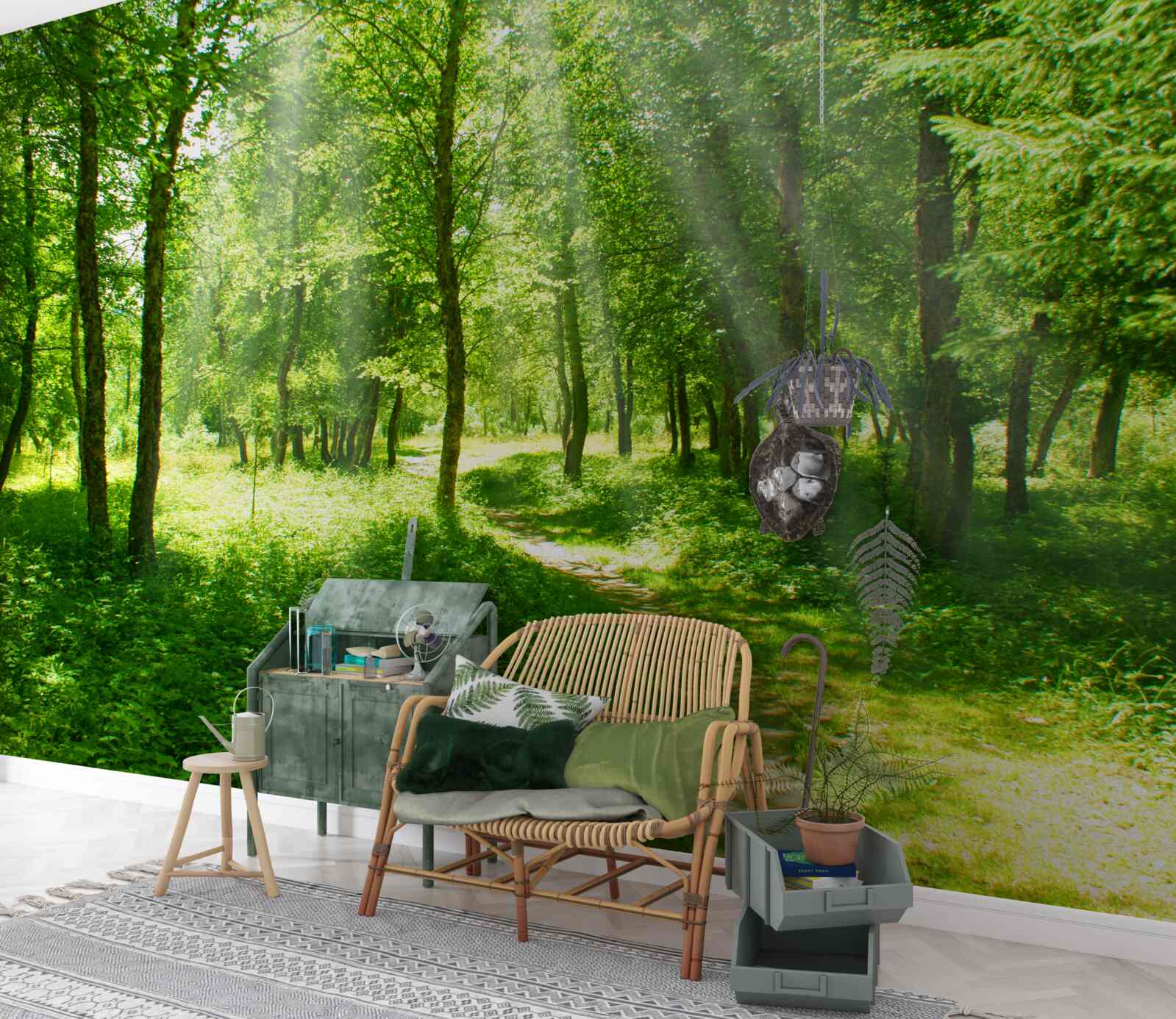 Fototapet razele soarelui strălucesc puternic prin coroanele copacilor din pădure
