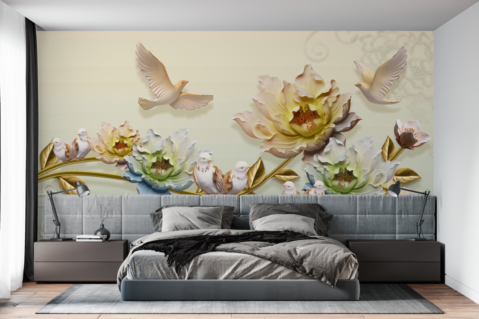 Fototapet ramură decorată cu flori, porumbei pe ea