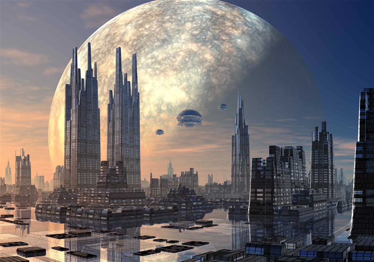 Fototapet oraș futurist în lumina lunii