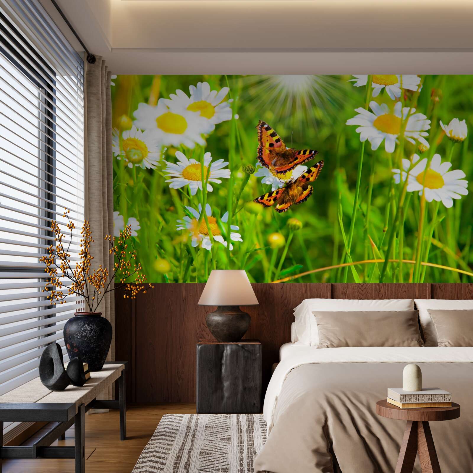 Fototapet margaretele de vară din pajiște sunt decorate cu fluturi