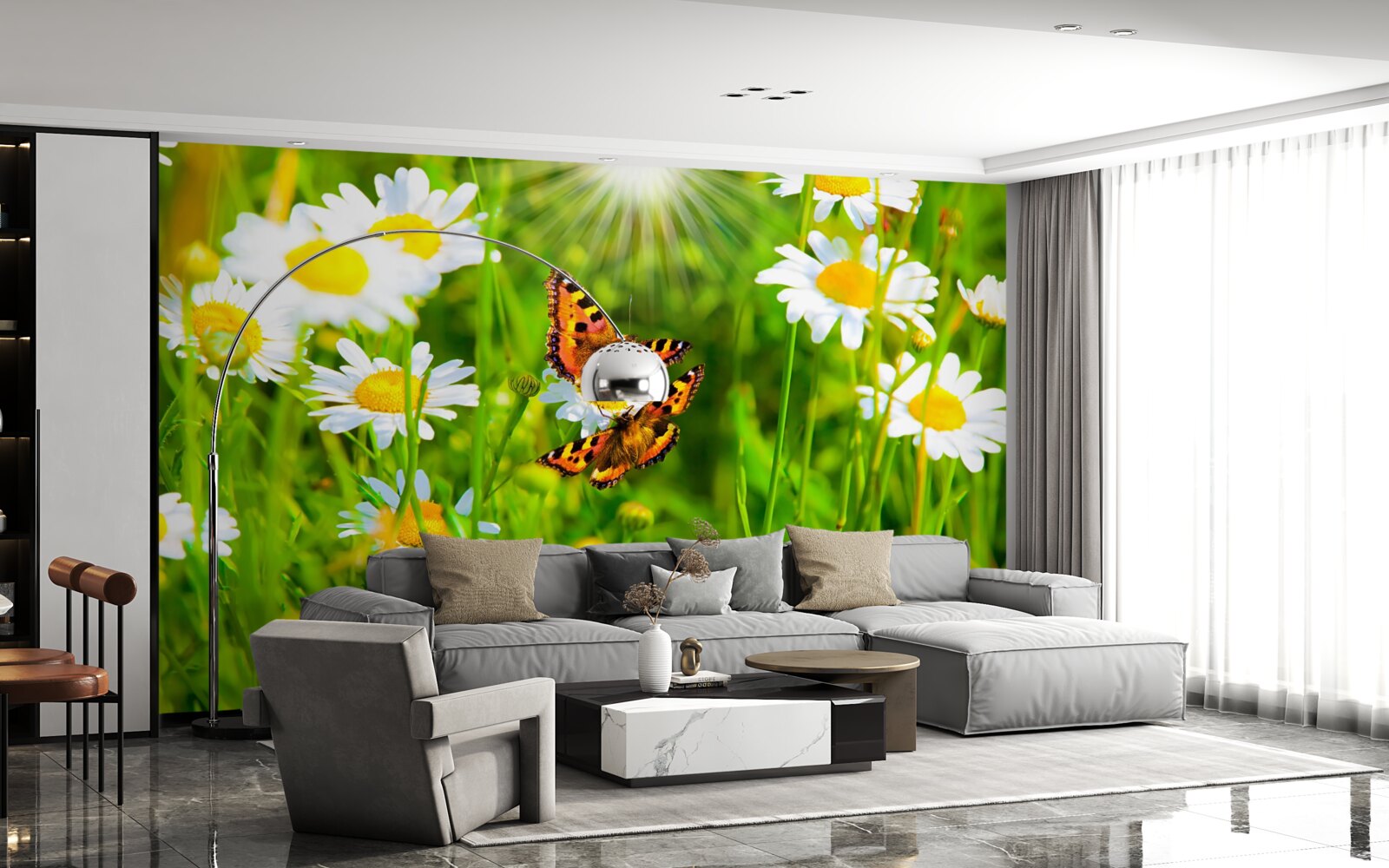 Fototapet margaretele de vară din pajiște sunt decorate cu fluturi