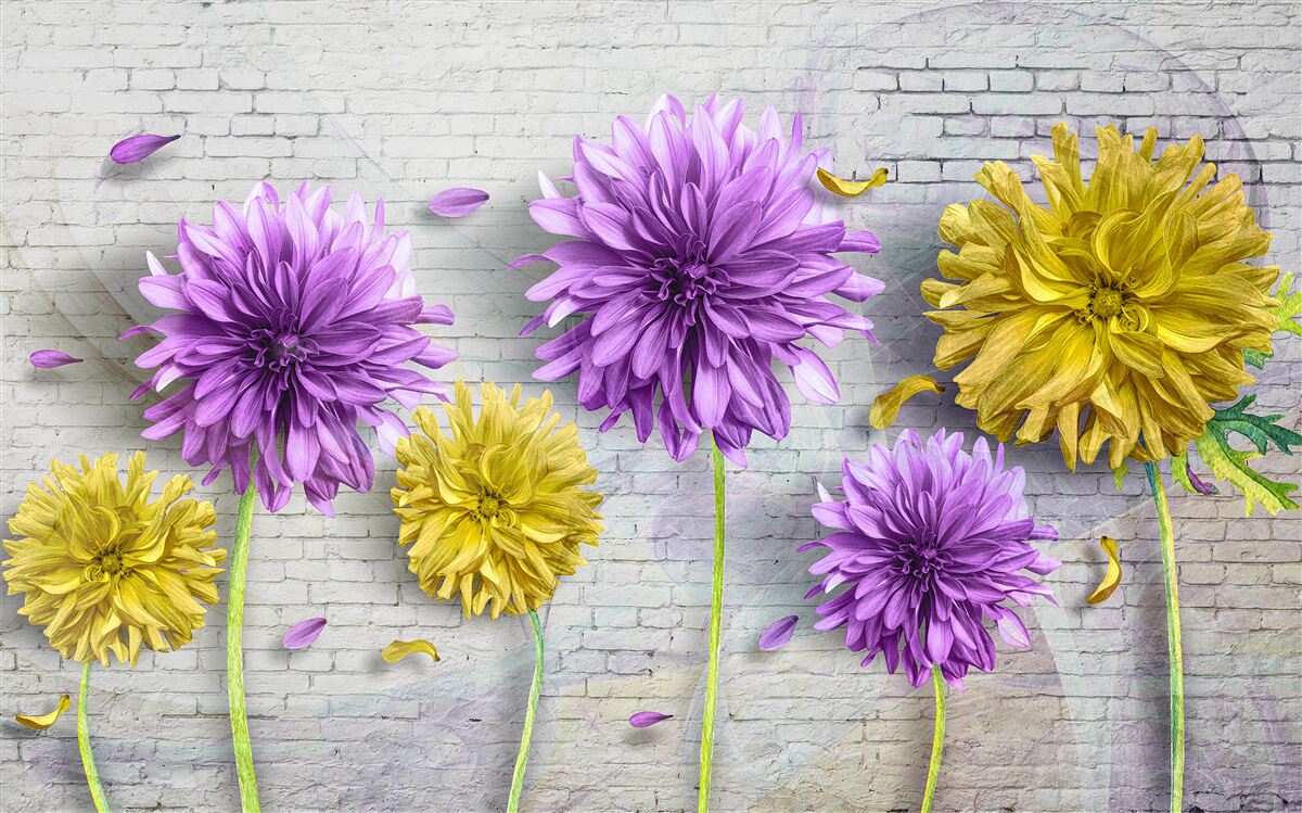 Fototapet flori în nuanțe de violet și galben înfloresc pe un perete de cărămidă