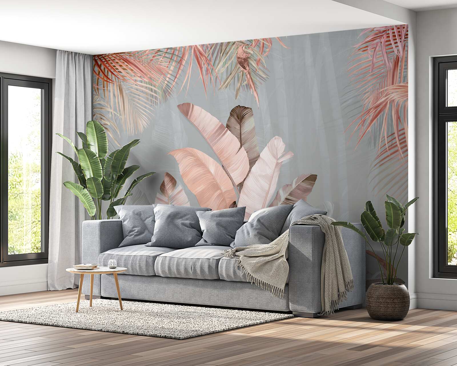 Fototapet frunze tropicale cu o nuanță roz delicată
