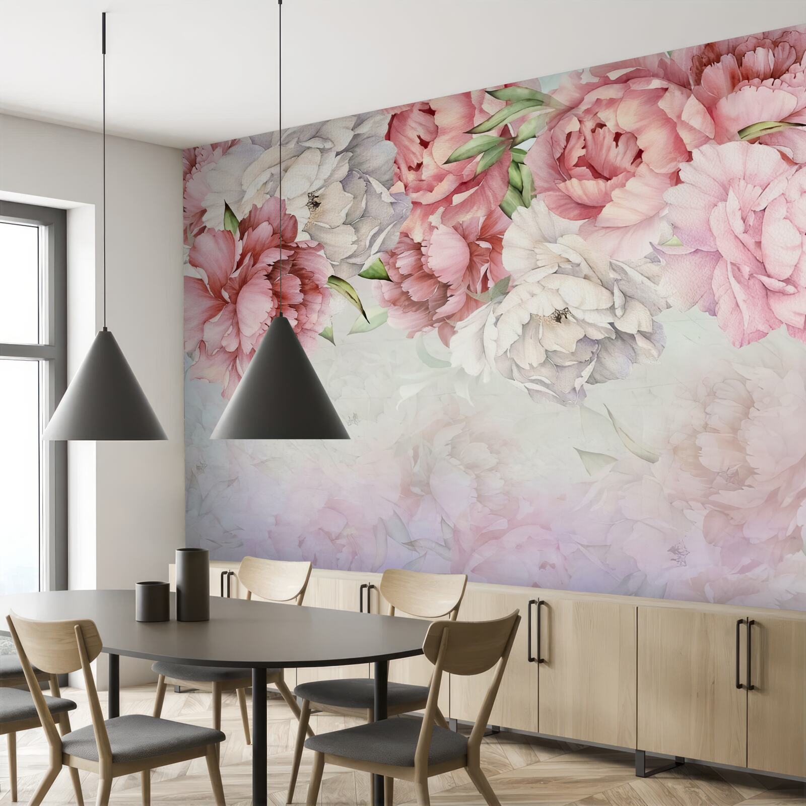 Fototapet fundal luminos decorat cu flori roz delicate