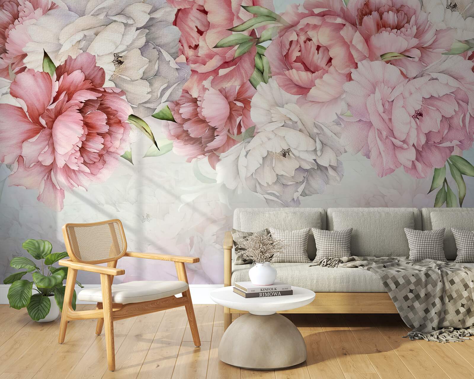 Fototapet fundal luminos decorat cu flori roz delicate