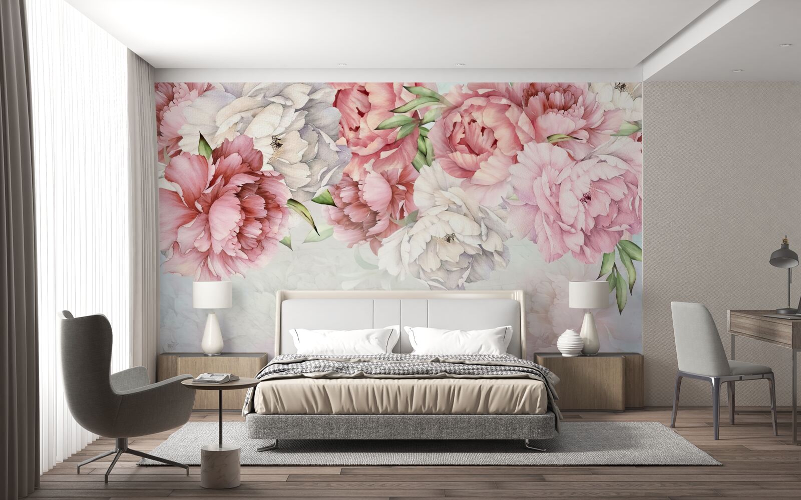 Fototapet fundal luminos decorat cu flori roz delicate