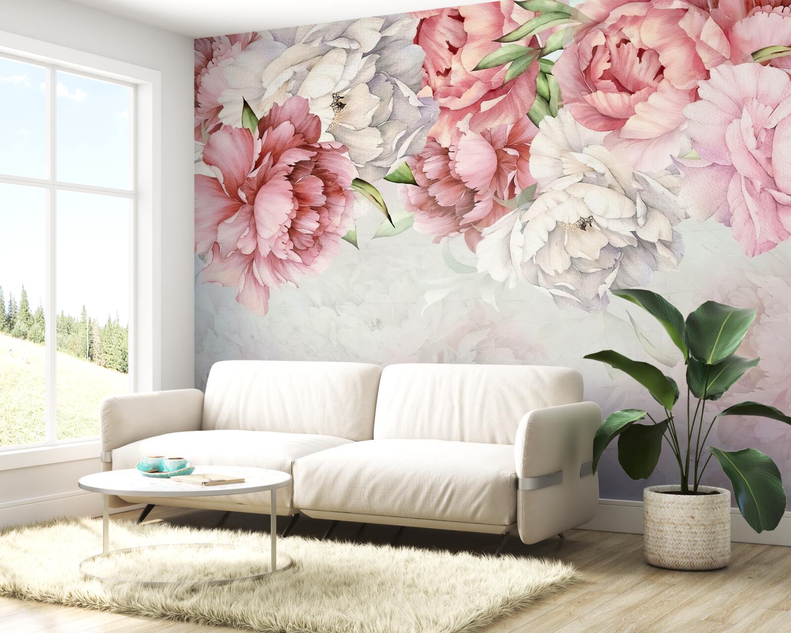 Fototapet fundal luminos decorat cu flori roz delicate