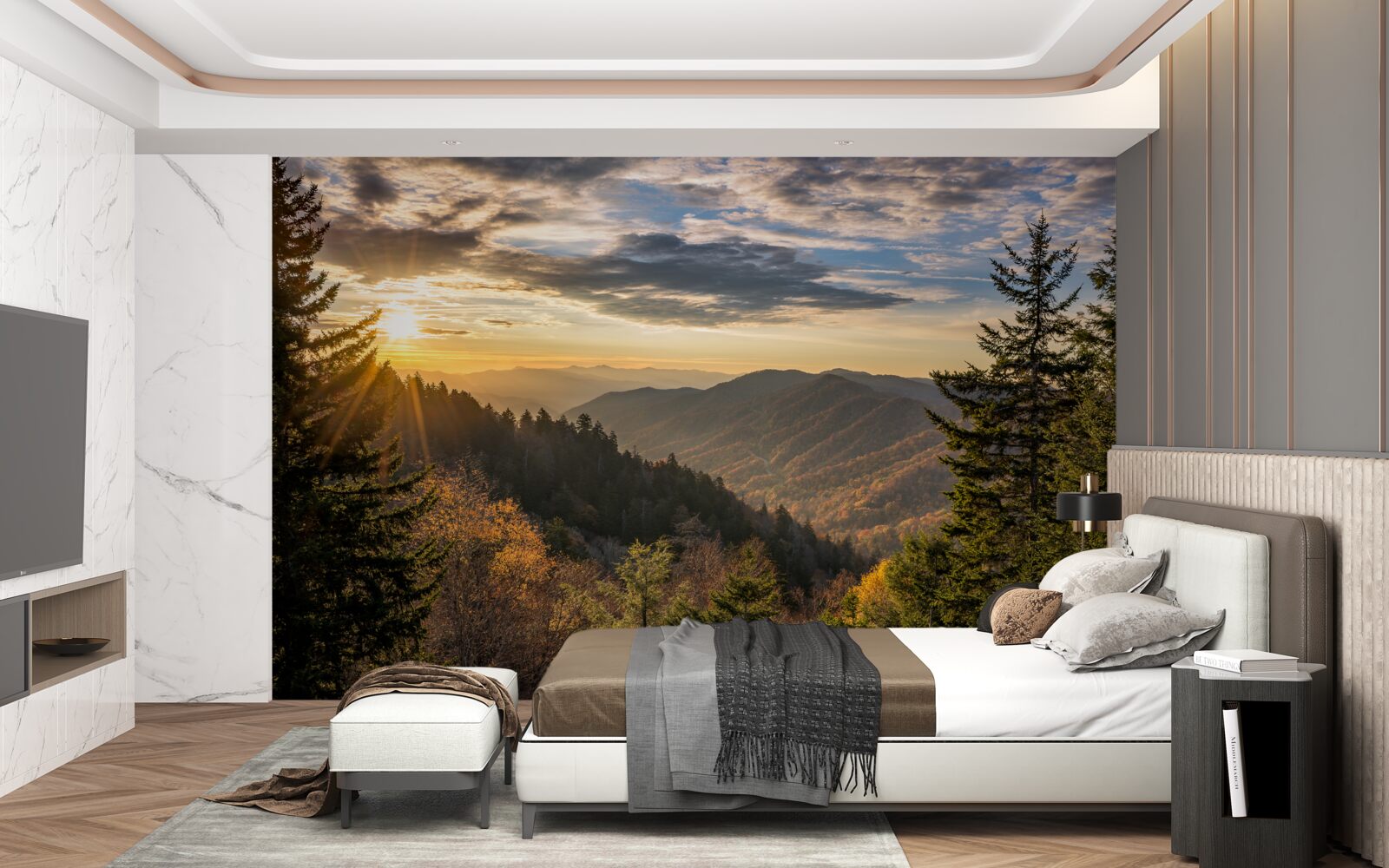 Fototapet apusul soarelui peste vârfurile munților