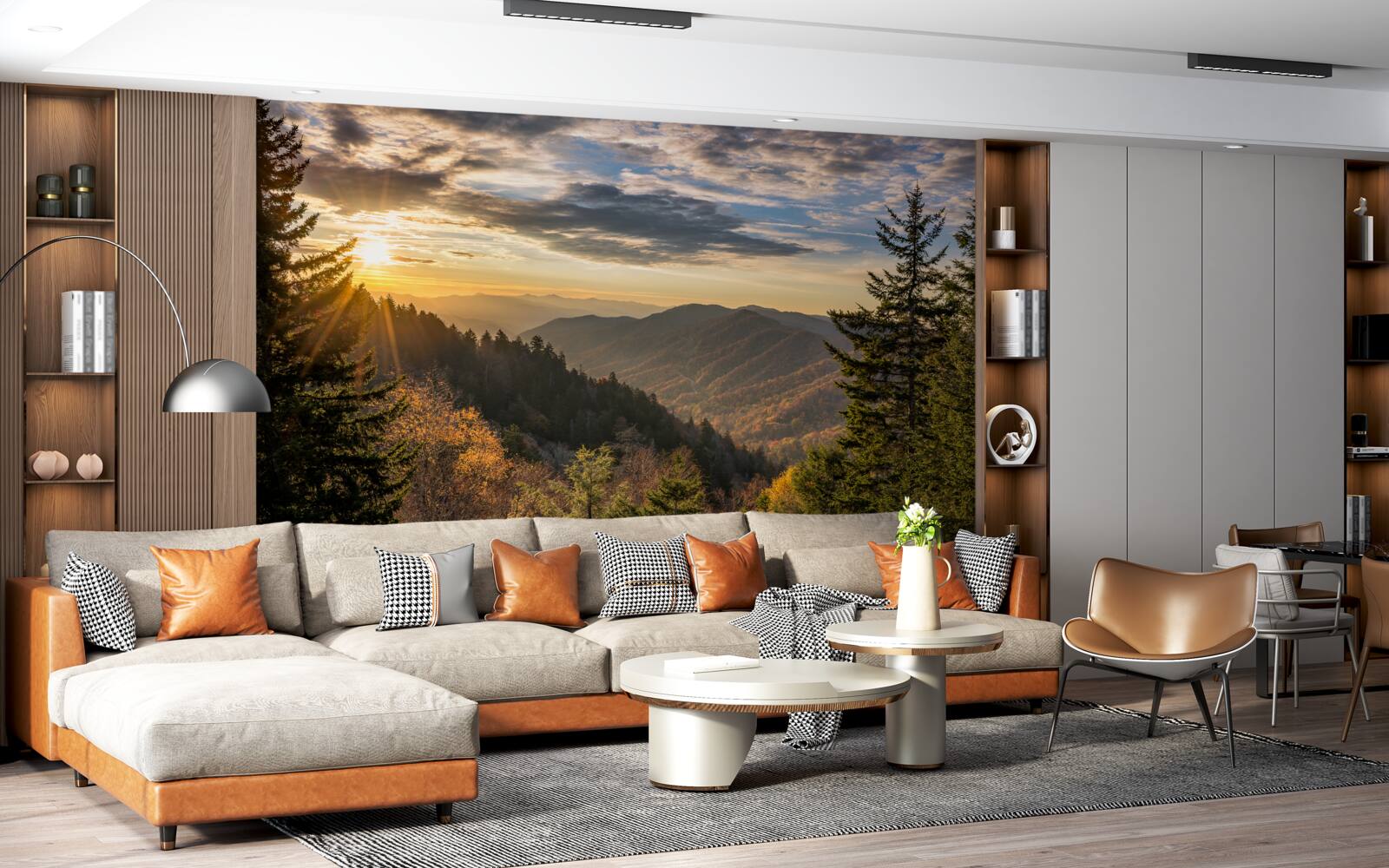 Fototapet apusul soarelui peste vârfurile munților