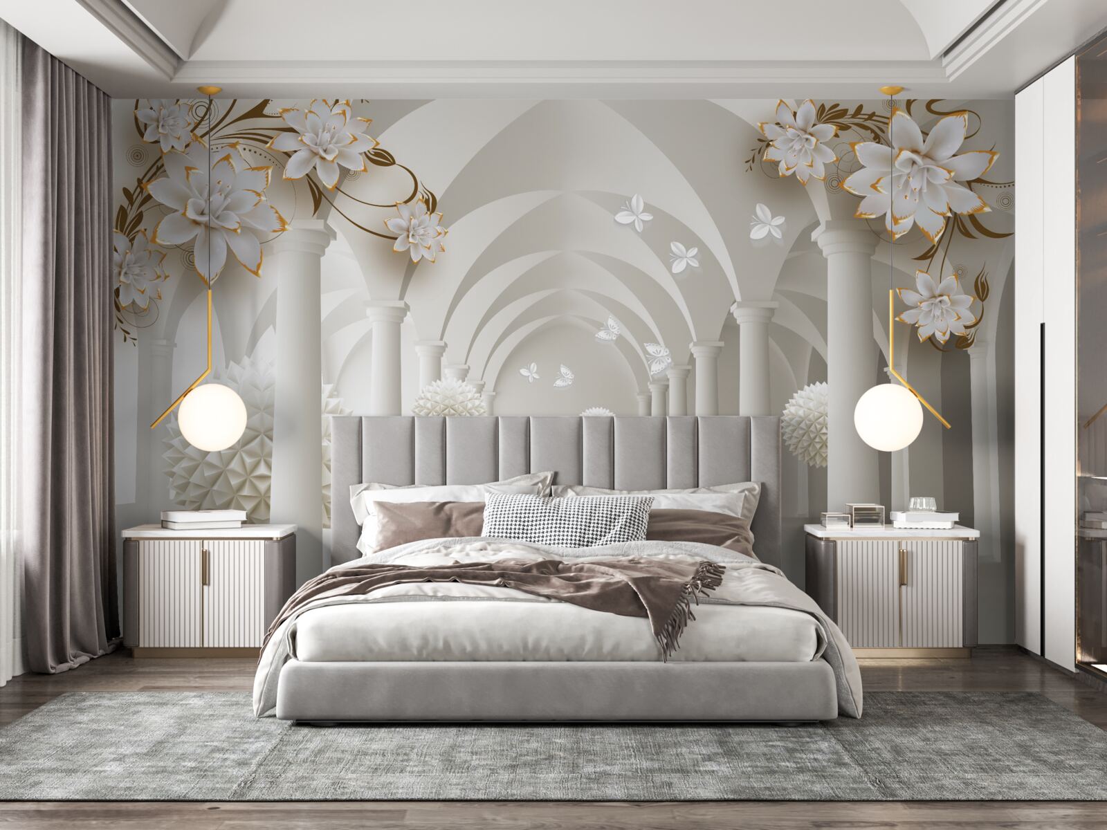 Fototapet Coridor în stil gotic decorat cu bile plutitoare și flori