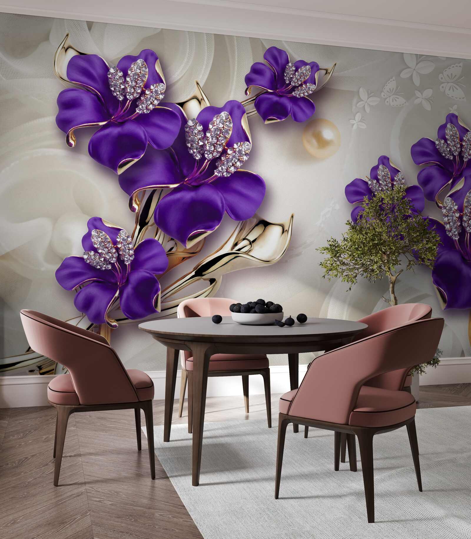 Fototapet ramuri de crin în albastru cu decorațiuni de perle