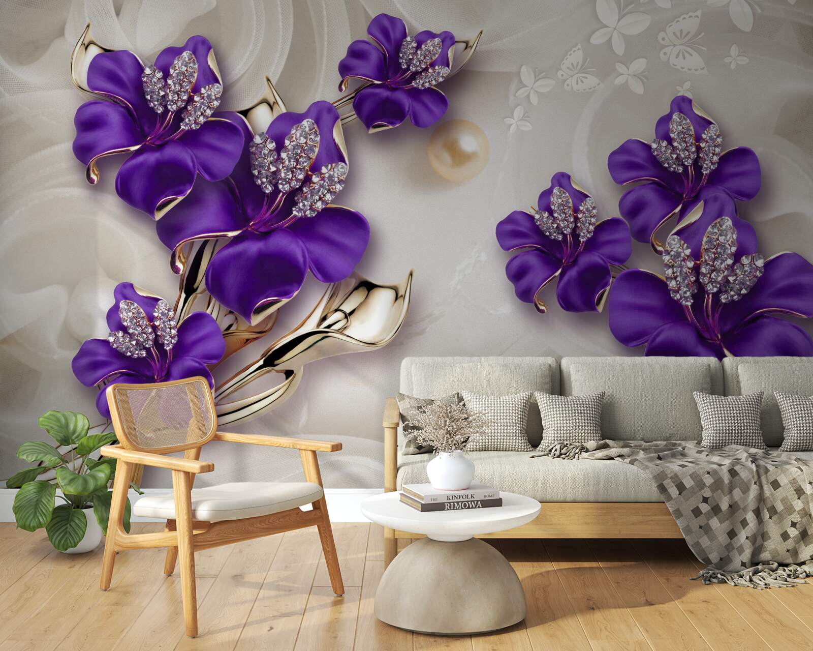 Fototapet ramuri de crin în albastru cu decorațiuni de perle