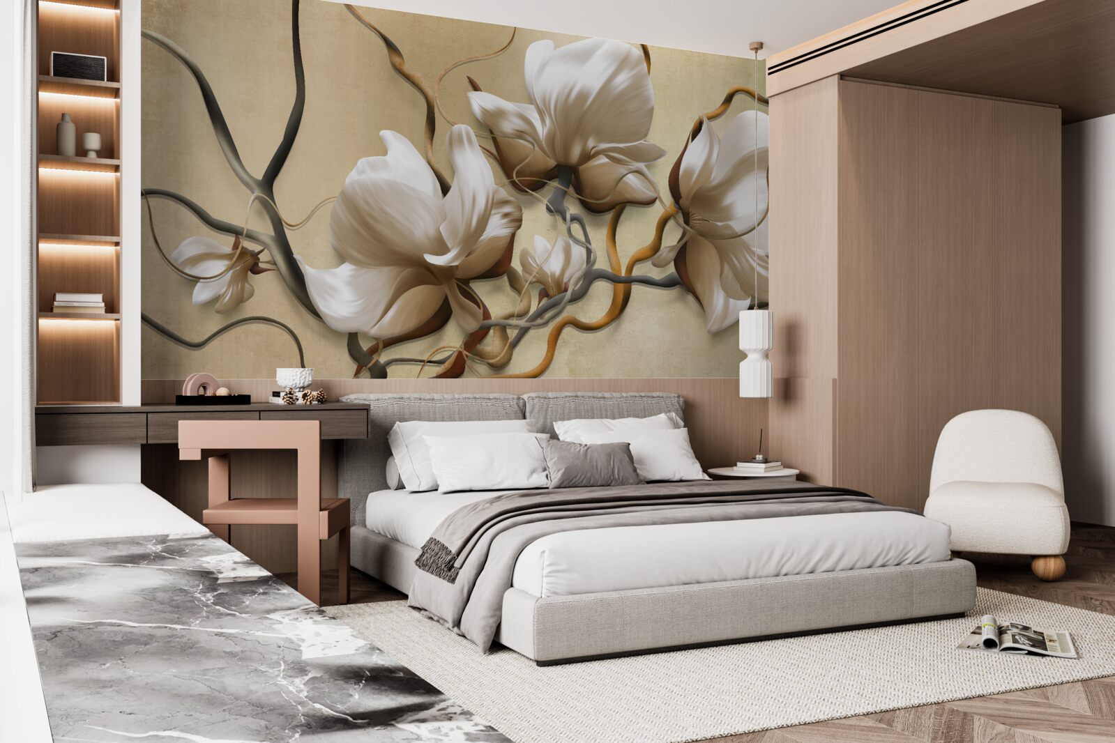 Fototapet ramuri elegante decorate cu flori albe