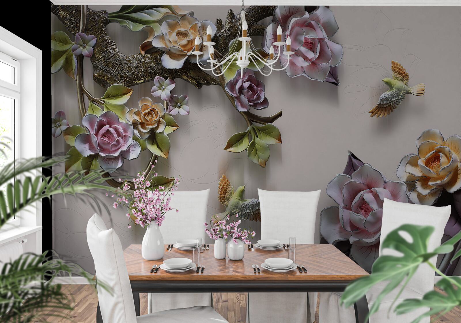 Fototapet armonie fermecătoare de ramuri decorate cu flori