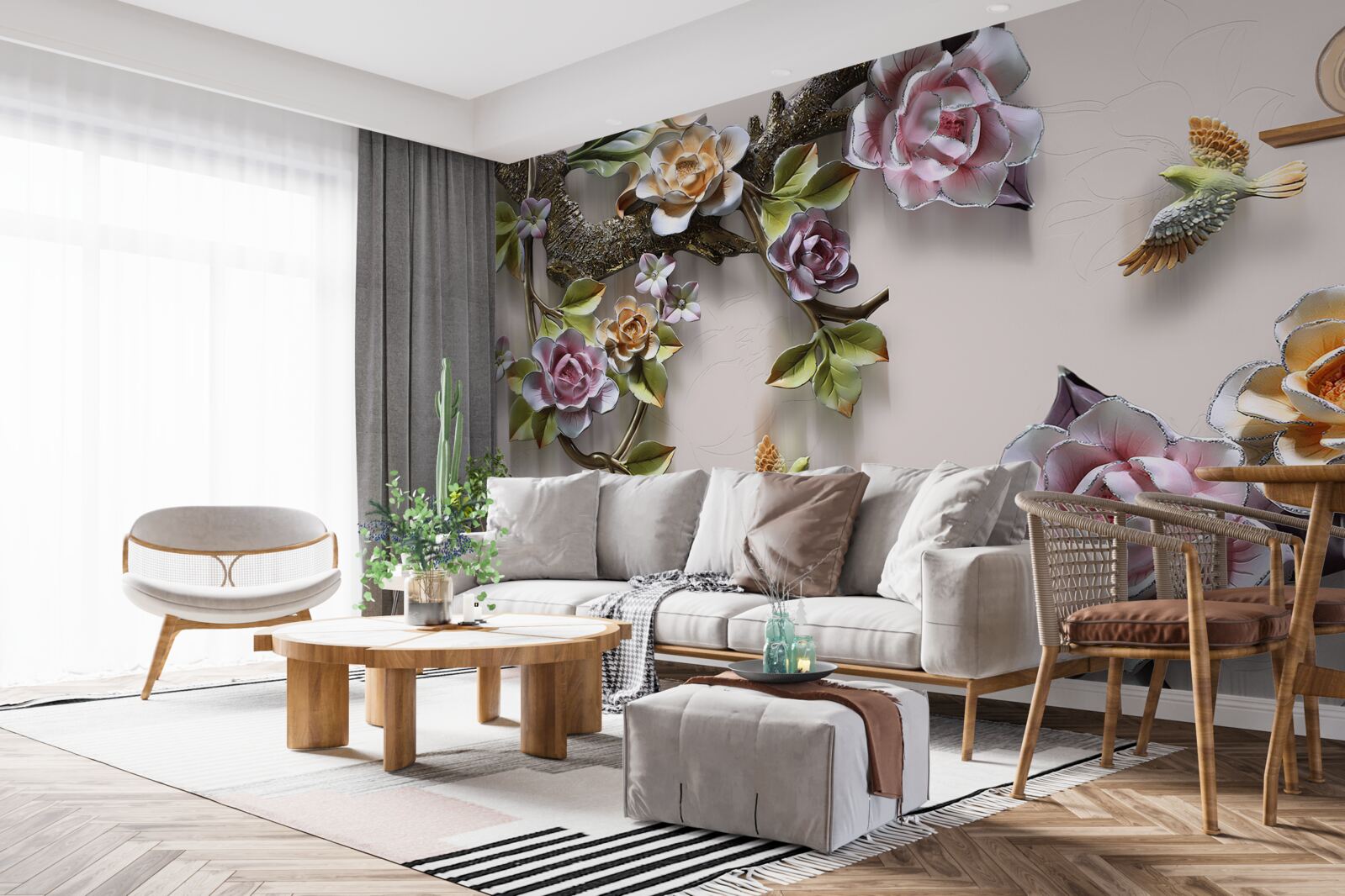 Fototapet armonie fermecătoare de ramuri decorate cu flori