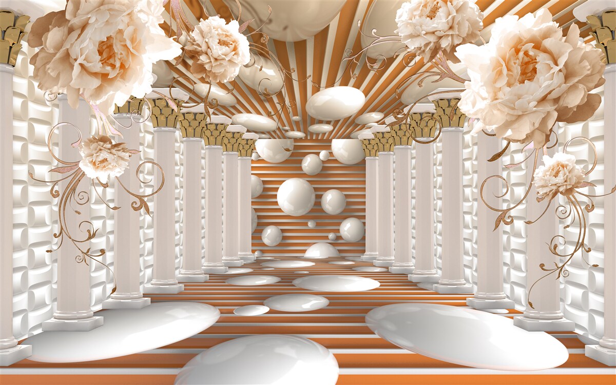 Fototapet tunel abstract decorat cu flori și bile