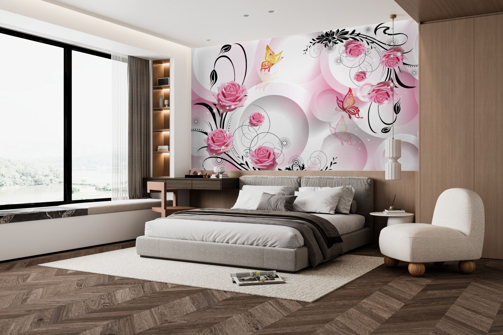 Fototapet design roz cu ramuri negre
