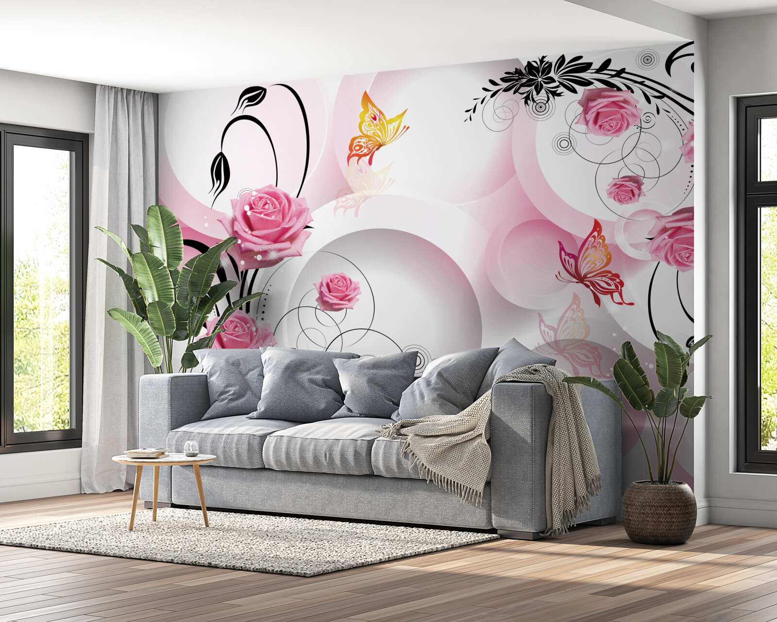 Fototapet design roz cu ramuri negre